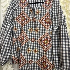 Savanna Jane Black and White Checkered Blouse with Red Embroidery